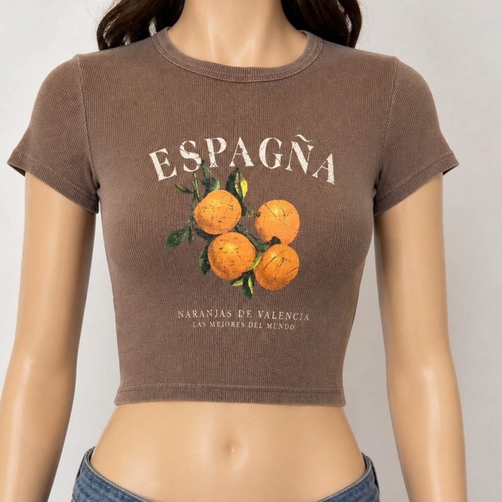 Social Culture Womens Graphic Tee Brown Ribbed Espana Valencia Oranges Small